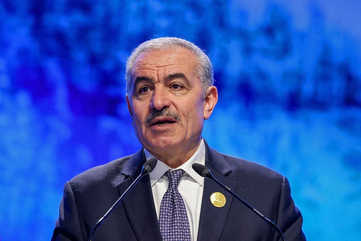 Palestinian Prime Minister Mohammad Shtayyeh delivers a speech at the leaders summit of the COP27 climate conference at the Sharm el-Sheikh International Convention Centre, in Egypt's Red Sea resort city of the same name, on November 8, 2022. (Photo by AHMAD GHARABLI / AFP)