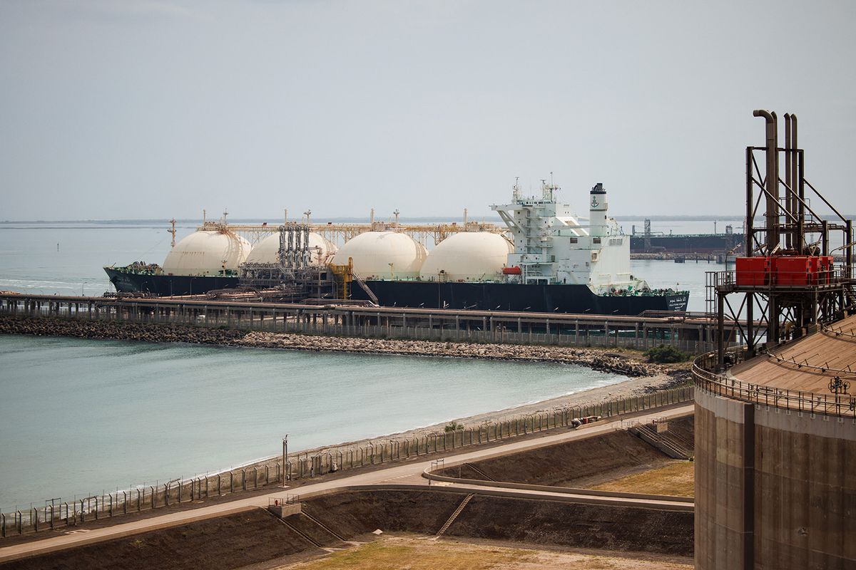 This picture shows the tanker boat "Lalla Fatma N'Soumer" being unloded and delivering LNG (Liquefied Natural Gas) to the uploading dock of Cavaou terminal in Fos-sur-Mer, on June 22, 2023. Cavaou methane terminal, owned by Engie and operated by Elengy, subsidiary company of GRTGaz, has experienced record activity since the war in Ukraine started. Liquefied Natural Gas mainly comes from Algeria and Qatar, before being regasified there and injected into the network. 25% of the gaz consumed in France arrives here by tanker boats. (Photo by CLEMENT MAHOUDEAU / AFP)