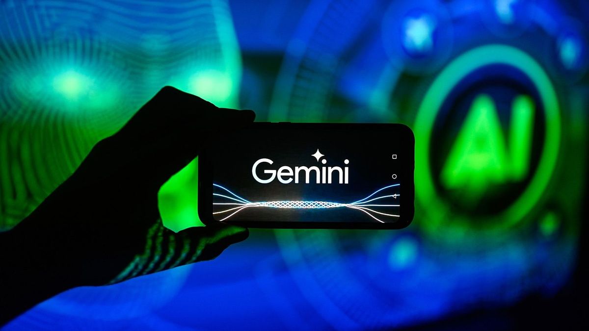 In this photo illustration a Gemini logo is displayed on a Google