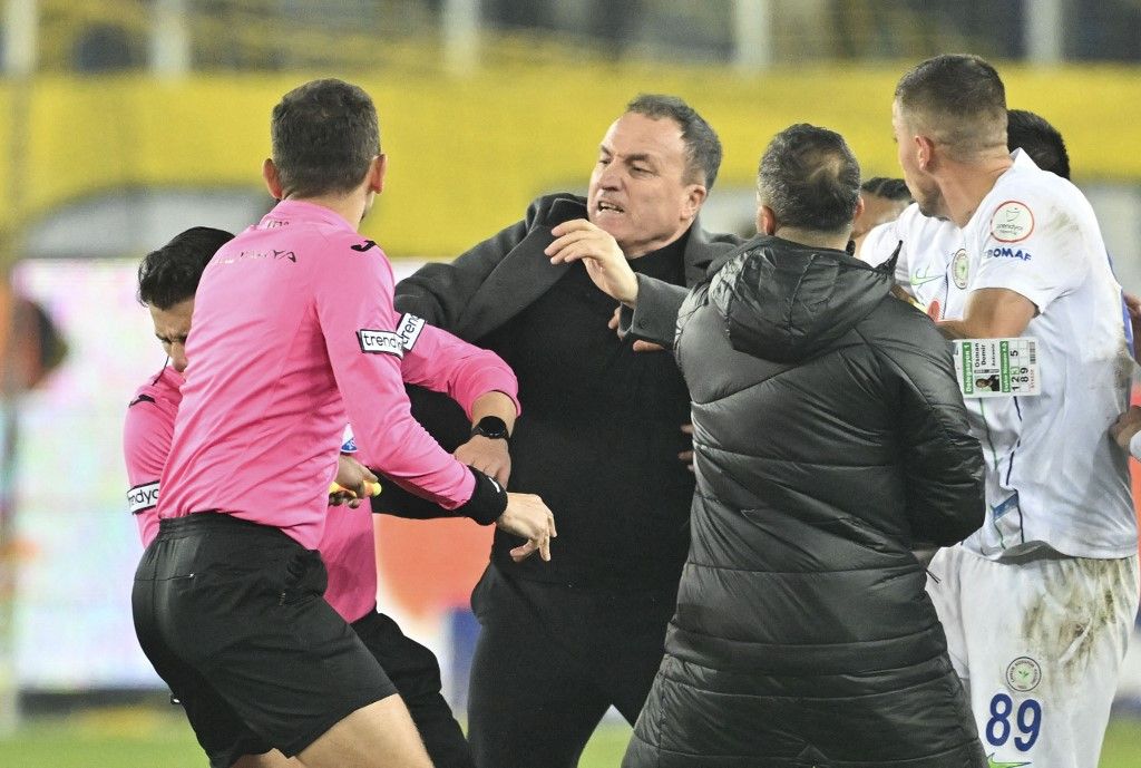 MKE Ankaragucu President Faruk Koca punches referee Halil Umut MelerANKARA, TURKIYE - DECEMBER 11: Faruk Koca, President of MKE Ankaragucu throws a punch to the referee Halil Umut Meler after the Turkish Super Lig week 15 soccer match between MKE Ankaragucu and Rizespor at Eryaman Stadium in Ankara, Turkiye on December 11, 2023. The match ended 1-1. Emin Sansar / Anadolu (Photo by Emin Sansar / ANADOLU / Anadolu via AFP)