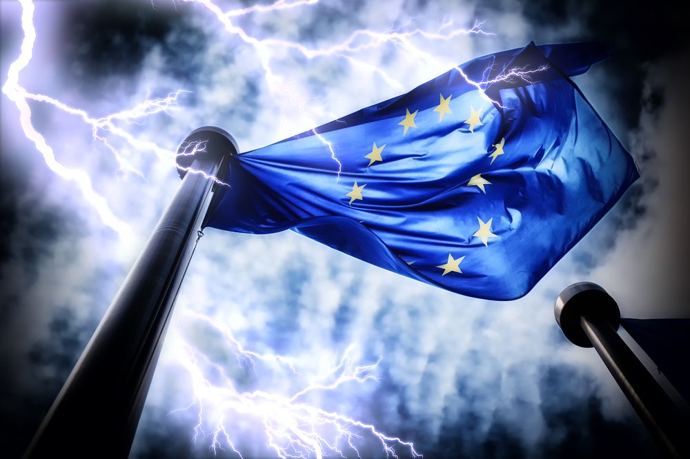 European,Union,Flag,On,Dark,Thunderstorm,Sky,Background