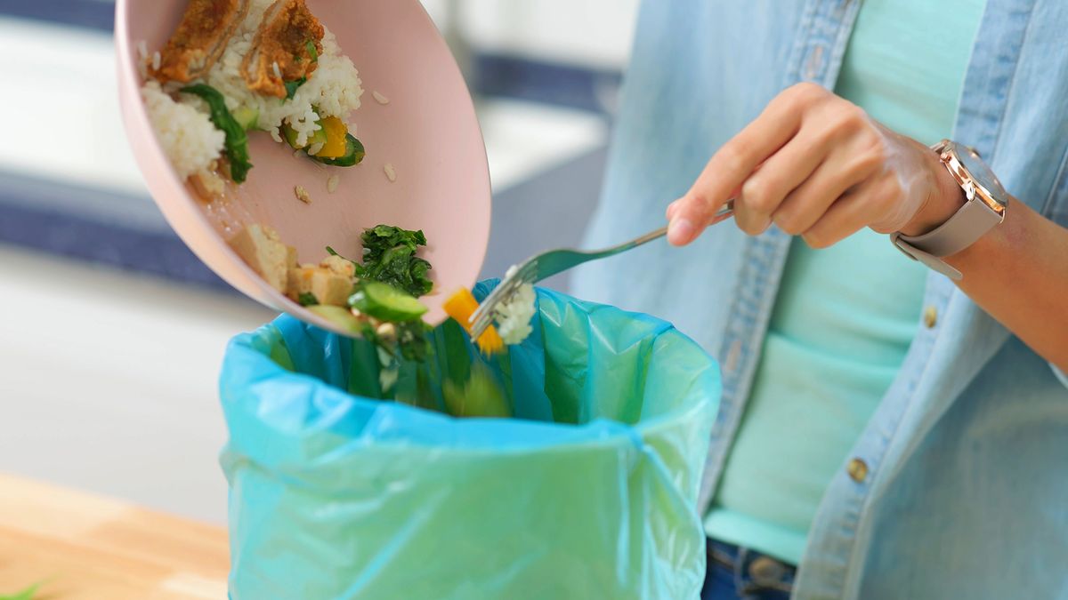 Close,Up,Of,Asian,Woman,Scraping,Food,Leftovers,Or,Wasteclose up of asian woman scraping food leftovers or waste into kitchen bucket at home