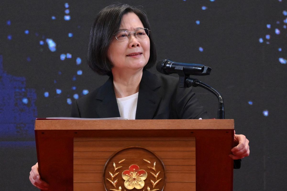 Taiwan's President Tsai Ing-wen speaks during a press conference on the seventh anniversary of her tenure, at the Presidential Office in Taipei on May 20, 2023. (Photo by Sam Yeh / AFP)