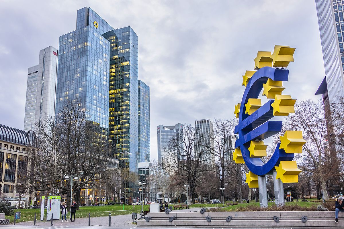 Frankfurt,Am,Main,,Germany,-,January,8,,2019:,Famous,Big
FRANKFURT AM MAIN, GERMANY - JANUARY 8, 2019: Famous Big Euro Sign at European Central Bank. Central Bank (ECB) is the central bank for the euro and administers the monetary policy of the Eurozone.