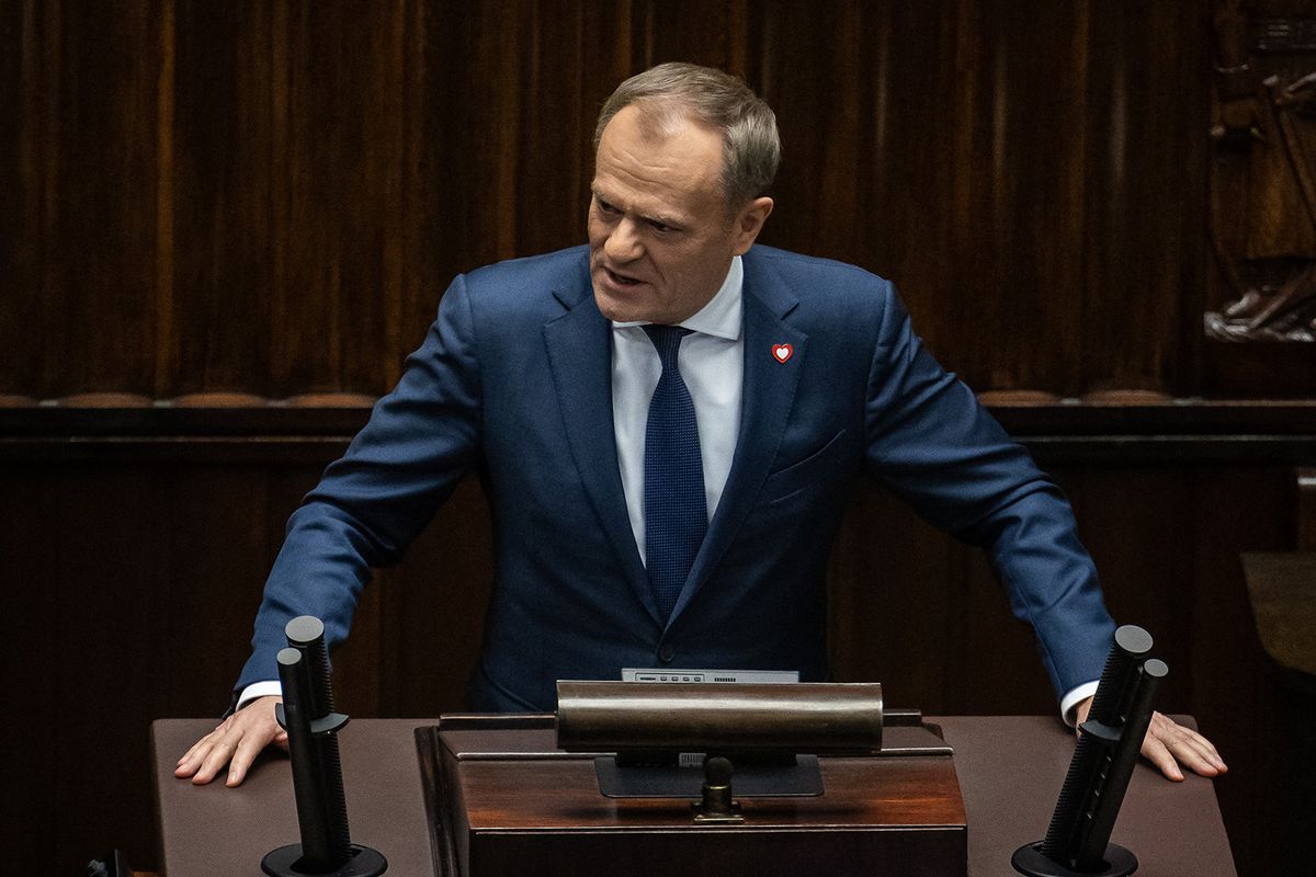 Donald Tusk is seen speaking after he was nominated to be new prime minister in the Polish Parliament, Warsaw on December 11, 2023. Polish lawmakers will vote Tuesday on the proposed new government of Donald Tusk, whose pro-EU administration is expected to garner enough support to put an end to eight years of right-wing populist rule. (Photo by Wojtek Radwanski / AFP)