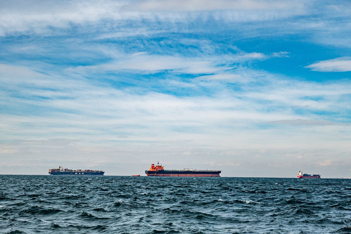 Freighter ships as seen in the sea gulf ininfront of Thessaloniki city in Greece on January 6, 2019. Thessaloniki or Salonica is having one of the largest ports in Greece and is one of the major gates for cargo shipment in Balkans and Europe with an annual traffic capacity of 16 million tonnes. There are warehouses, container terminals, cargo terminals, oil and gas terminals. The port also has a passenger terminal. The city of Thessaloniki has a population exceeding 1.000.000 people. (Photo by Nicolas Economou/NurPhoto) (Photo by Nicolas Economou / NurPhoto / NurPhoto via AFP)