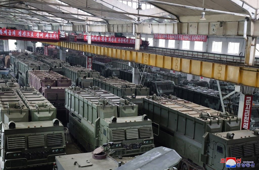 This undated photo released from North Korea's official Korean Central News Agency (KCNA) on August 14, 2023 shows transport launchers for tactical missiles lined up during a visit by North Korea's leader Kim Jong Un (not pictured) in a munitions factory at an undisclosed location in North Korea. (Photo by KCNA VIA KNS / AFP) / South Korea OUT / REPUBLIC OF KOREA OUT  - EDITORS NOTE: BLURRING IS FROM SOURCE
---EDITORS NOTE--- RESTRICTED TO EDITORIAL USE - MANDATORY CREDIT "AFP PHOTO/KCNA VIA KNS" - NO MARKETING NO ADVERTISING CAMPAIGNS - DISTRIBUTED AS A SERVICE TO CLIENTS / THIS PICTURE WAS MADE AVAILABLE BY A THIRD PARTY. AFP CAN NOT INDEPENDENTLY VERIFY THE AUTHENTICITY, LOCATION, DATE AND CONTENT OF THIS IMAGE --- / 