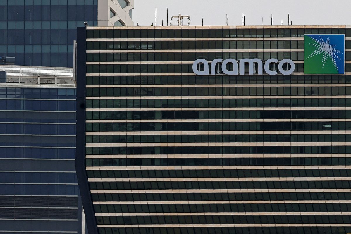 This picture shows Aramco tower at the King Abdullah Financial District (KAFD) in Riyadh on April 16, 2023. Saudi Arabia has put a second four-percent chunk of shares of the Aramco energy giant, worth tens of billions of dollars, under the control of the country's sovereign wealth fund, state media said. (Photo by Fayez Nureldine / AFP)