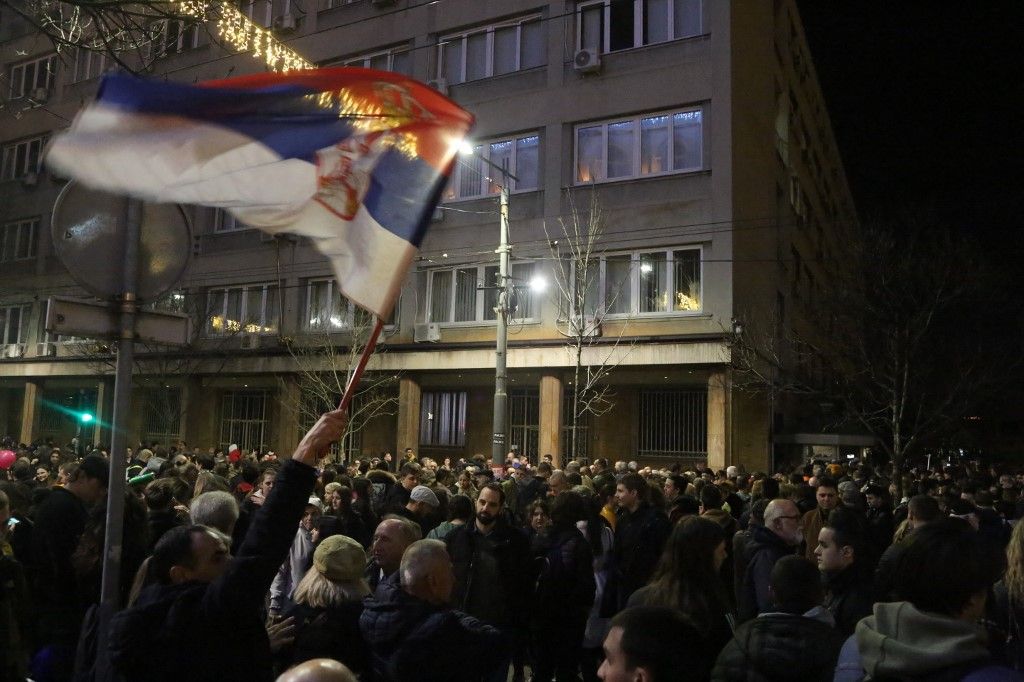 Opposition supporters' protest against election results continues in SerbiaBELGRADE, SERBIA - DECEMBER 25: Citizens stage a protest outside the central election commission building to protest election results in Belgrade, Serbia on December 25, 2023. Filip Stevanovic / Anadolu (Photo by Filip Stevanovic / ANADOLU / Anadolu via AFP)