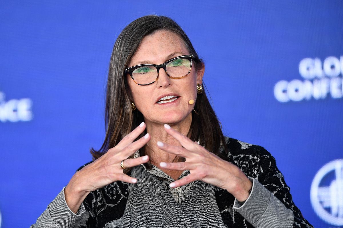 Cathie Wood, chief executive officer and chief investment officer, Ark Invest, speaks during the Milken Institute Global Conference on May 2, 2022 in Beverly Hills, California. (Photo by Patrick T. FALLON / AFP)