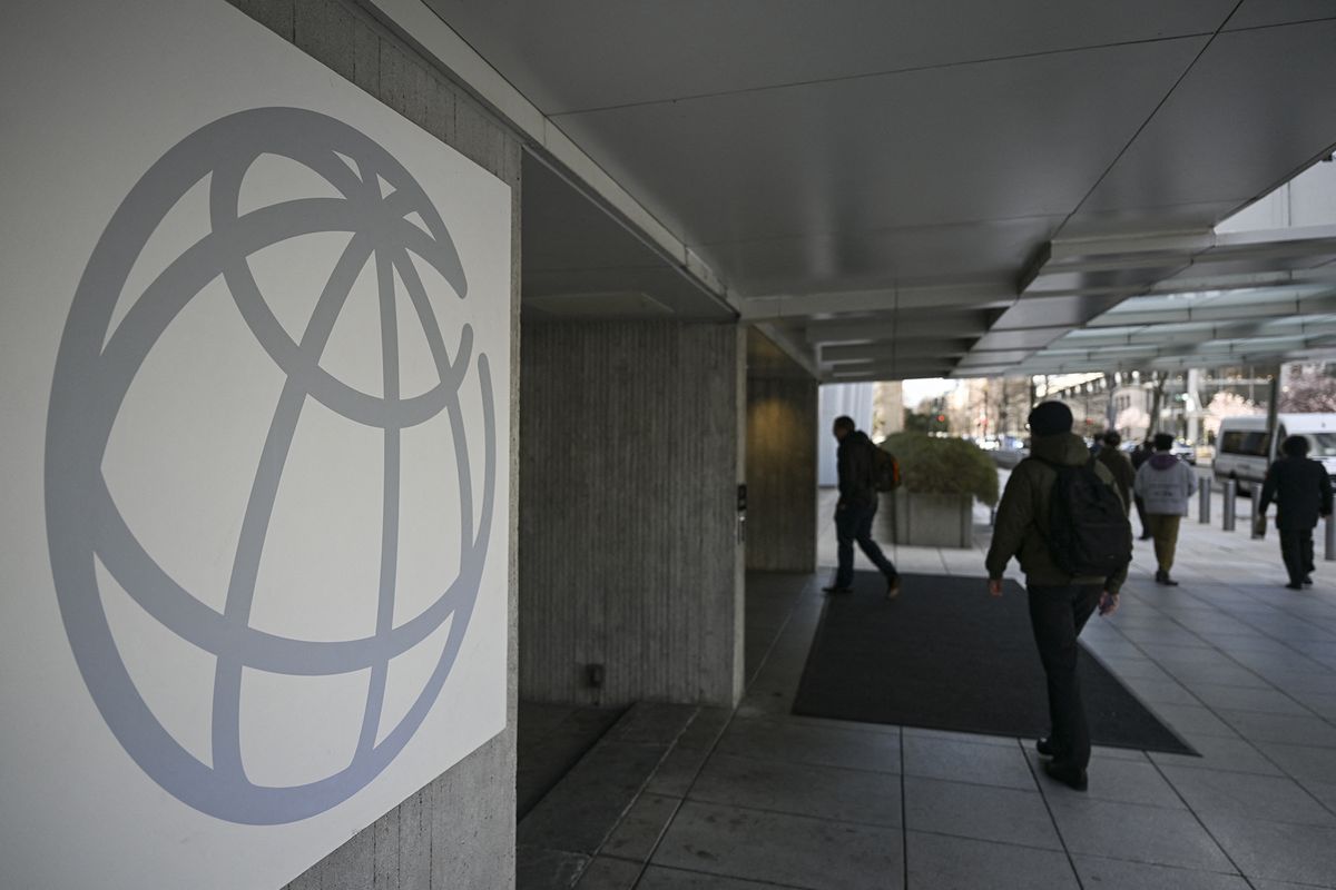 Poster hung reading "End Racism" in the World Bank building