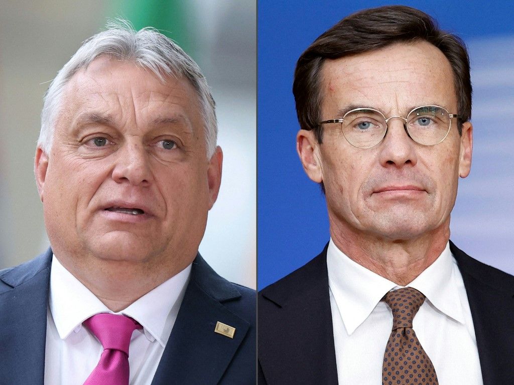 (COMBO) This combination created on January 23, 2024  of file pictures shows Hungary's Prime Minister Viktor Orban (L, in Brussels on May 30, 2022) and Sweden's Prime Minister Ulf Kristersson (in Brussels on October 20, 2022). Hungarian Prime Minister Viktor Orban on January 23, 2024 invited his Swedish counterpart to Budapest to discuss the Nordic country's NATO accession bid, which still needs approval from Hungary and Turkey. (Photo by Kenzo TRIBOUILLARD / AFP)