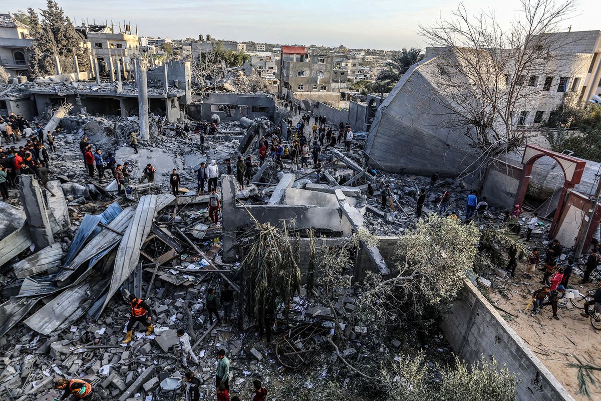 Omar Bin Abdulaziz Mosque destroyed after an Israeli attack in Rafah
RAFAH, GAZA - JANUARY 24: Civil defense teams and Palestinians continue their search and rescue operations after an Israeli attack on the Omar Bin Abdulaziz Mosque in Rafah, Gaza on January 24, 2024. Abed Rahim Khatib / Anadolu (Photo by Abed Rahim Khatib / ANADOLU / Anadolu via AFP)