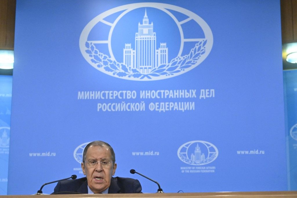 Russian Foreign Minister Sergei Lavrov delivers his annual end-of-year press conference at the Russian Foreign Ministry headquarters in Moscow on January 18, 2024. (Photo by Alexander NEMENOV / AFP)