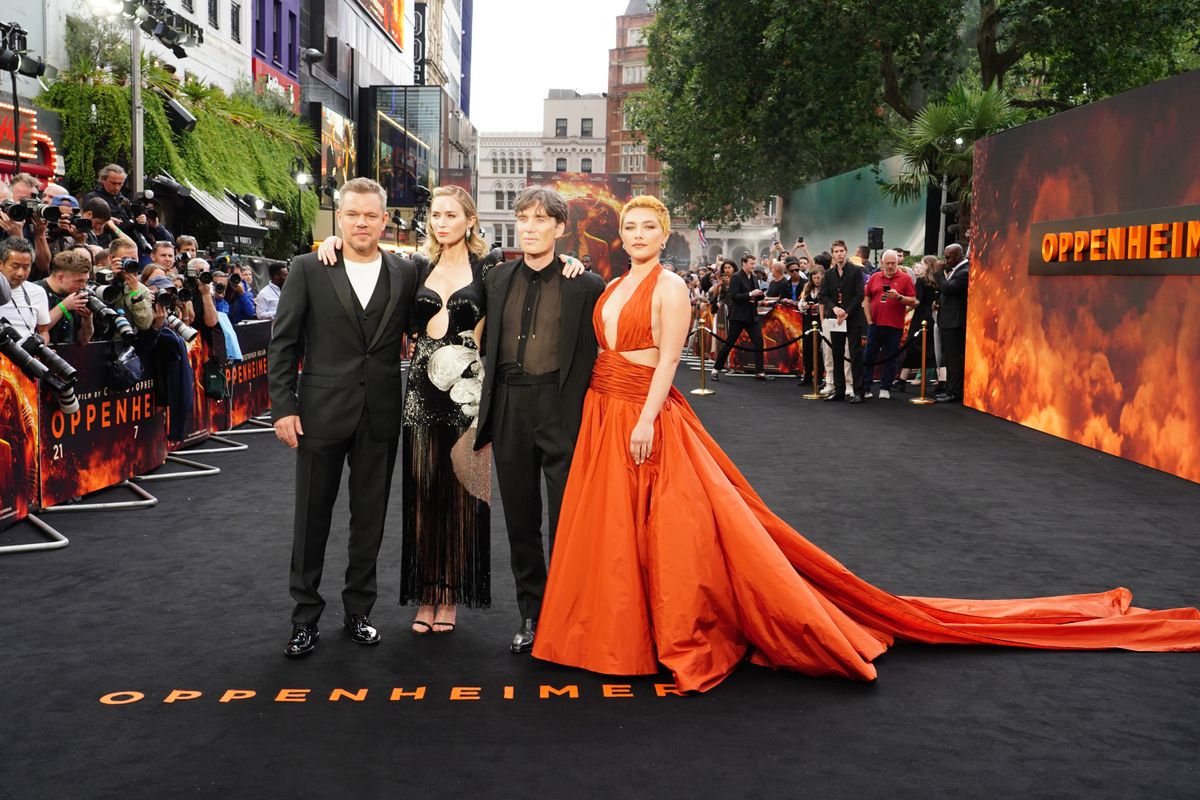 UK premiere of Oppenheimer - London(left to right) Matt Damon, Emily Blunt, Cillian Murphy and Florence Pugh arrive for the UK premiere of Oppenheimer, at the Odeon Luxe, Leicester Square in London. Picture date: Thursday July 13, 2023. „Oppenheimer” UK Premiere In London, UK July 13, 2023