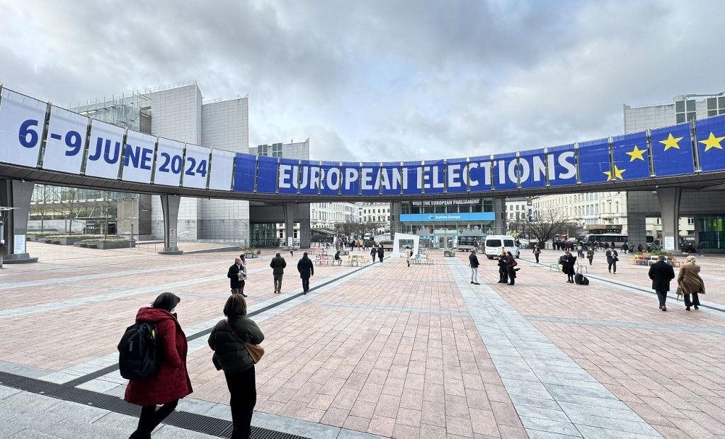 Ahead of European Parliament ElectionsBRUSSEL, BELGIUM - JANUARY 24:  A view of the banners hung at the entrance of the European Parliament building for the June 6-9 European Parliament elections in Brussels, Belgium on January 24, 2024. Dursun Aydemir / Anadolu (Photo by Dursun Aydemir / ANADOLU / Anadolu via AFP)