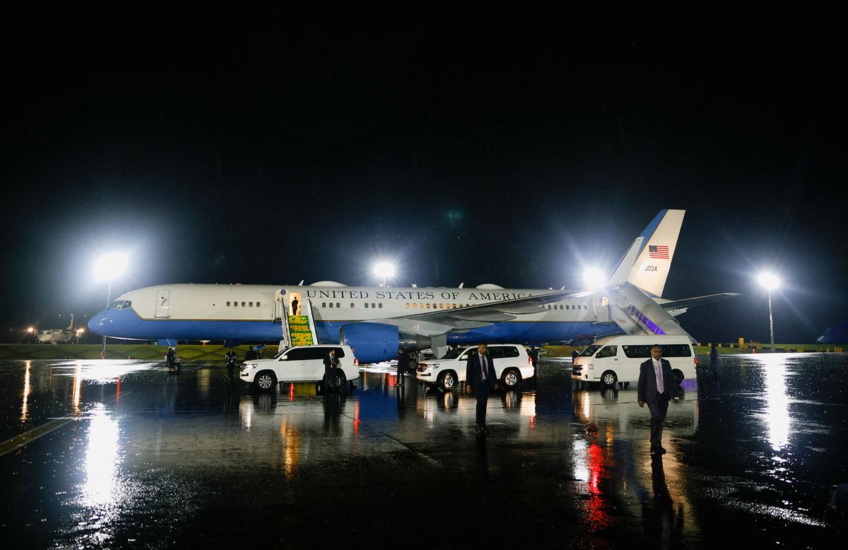 A photo shows the airplane of US Secretary of State Antony Blinken on the tarmac as he arrives for an official visit to Ethiopia, at the Bole International airport in Addis Ababa, on March 14, 2023. The US secretary of state arrived in Ethiopia on a bid to support the peace process after a brutal two-year civil war, and renew ties with a longtime ally. The trip comes as part of a push by the US president's administration to step up engagement with Africa, where China and Russia have been stepping up influence. (Photo by TIKSA NEGERI / POOL / AFP)