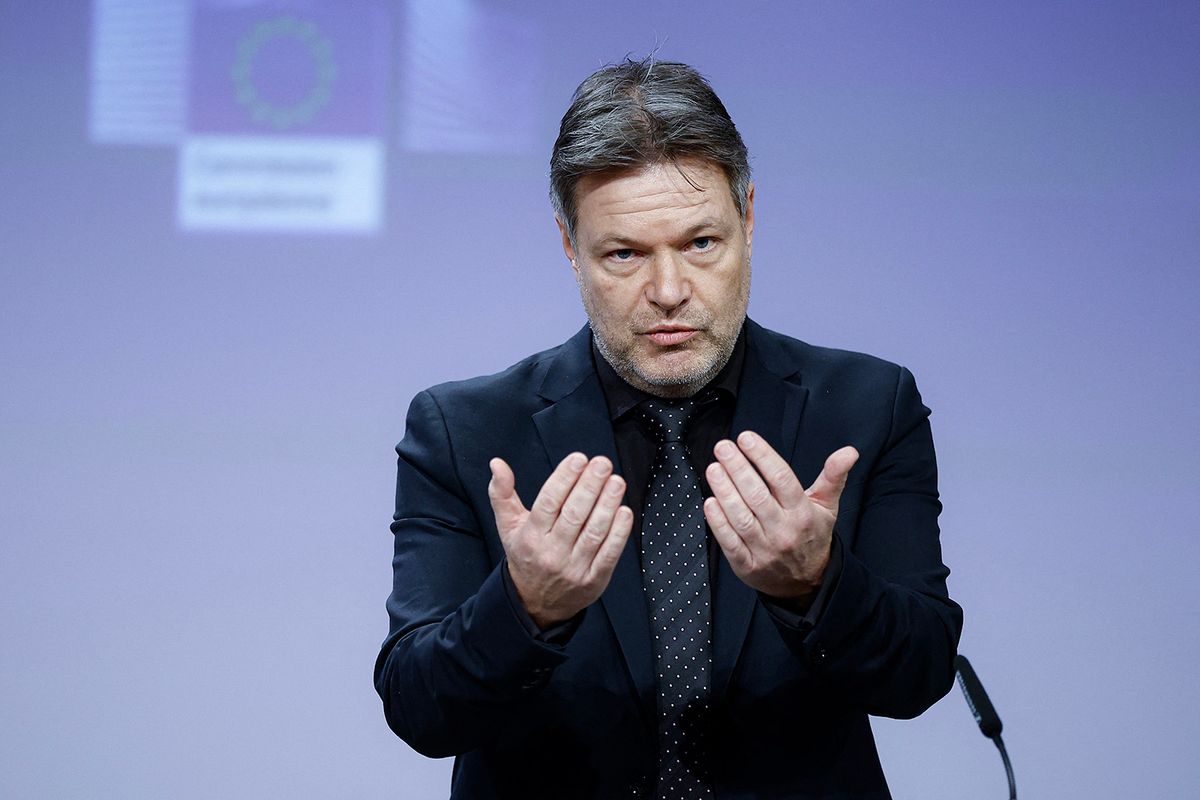 German Minister of Economics and Climate Protection Robert Habeck addresses the audience during a press conference at the EU headquarters in Brussels on January 8, 2024. The EU approved on January 8, 2024 Germany's 900-million-euro subsidy for electric vehicle battery firm Northvolt to build a plant in Germany that might have otherwise been lured to the United States. (Photo by Kenzo TRIBOUILLARD / AFP)