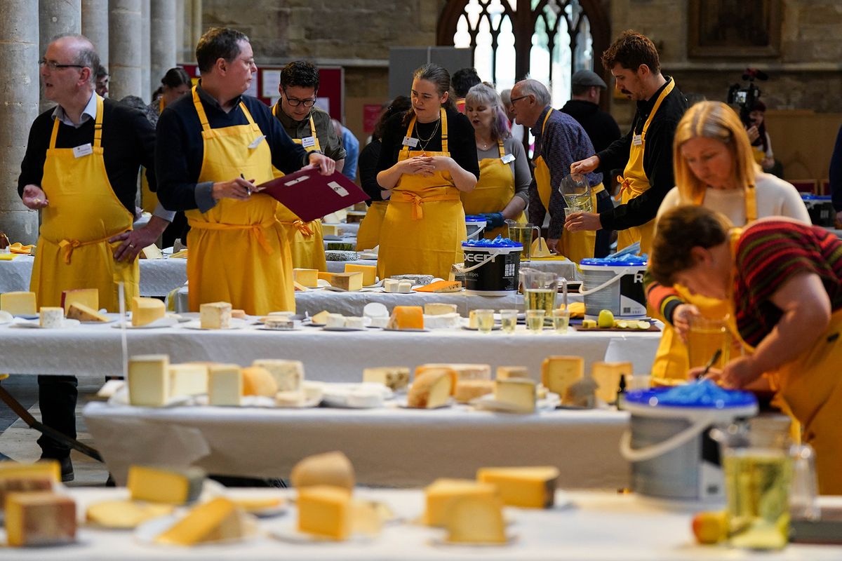 Judging takes place during the artisan cheese awards at St Mary's Church, Melton Mowbray. The awards are designed to support medium to small cheesemakers producing cheese commercially in the UK and Ireland. Picture date: Thursday May 11, 2023. (Photo by Jacob King/PA Images via Getty Images)