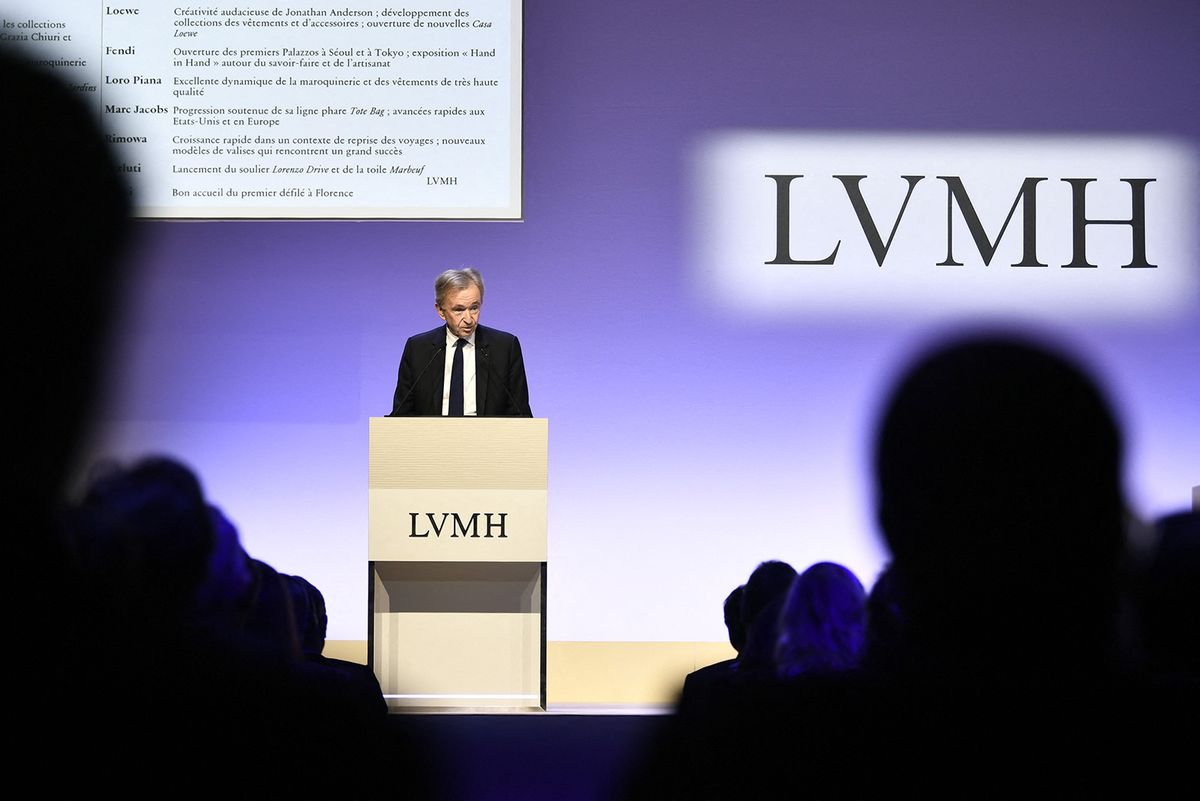 World's top luxury group LVMH head Bernard Arnault presents the group's 2023 annual results in Paris, on January 25, 2024. LVMH announced record sales for 2023, totalling 86,2 billion euros, resulting in 15,2 billion euros in profit. (Photo by STEPHANE DE SAKUTIN / AFP)