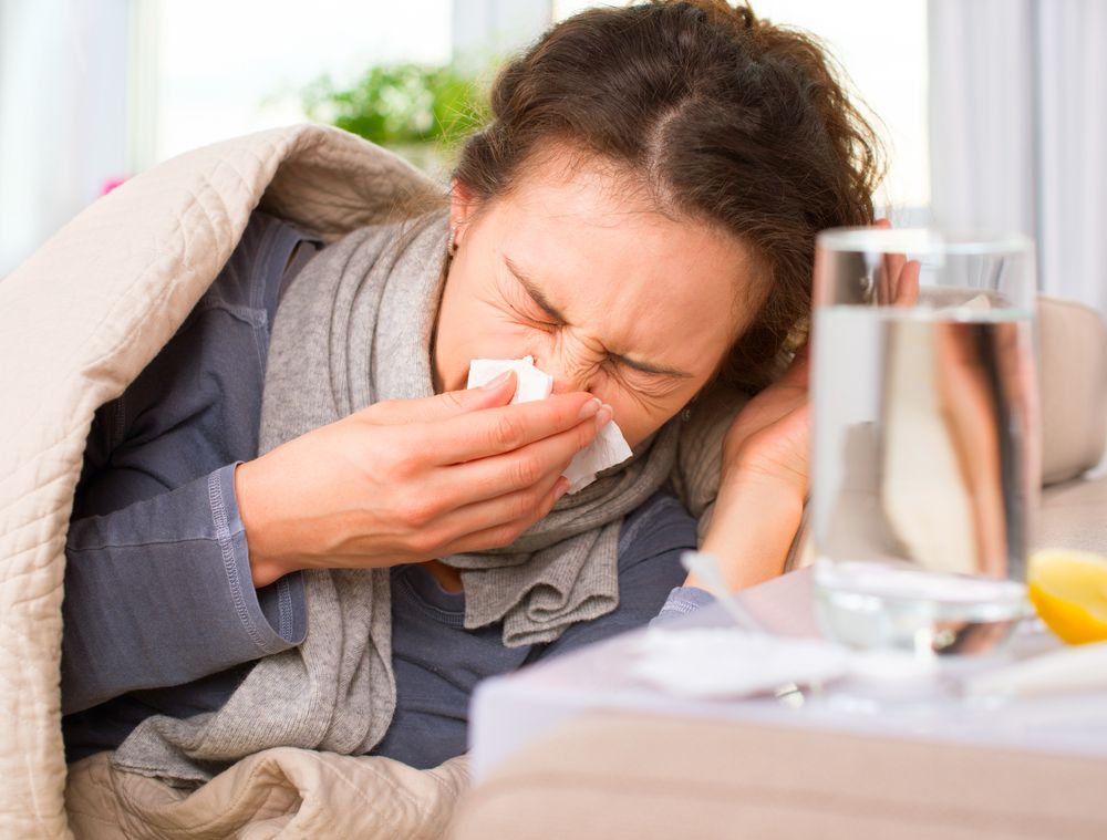 Sick,Woman.,Flu.,Woman,Caught,Cold.,Sneezing,Into,Tissue.,Headache.