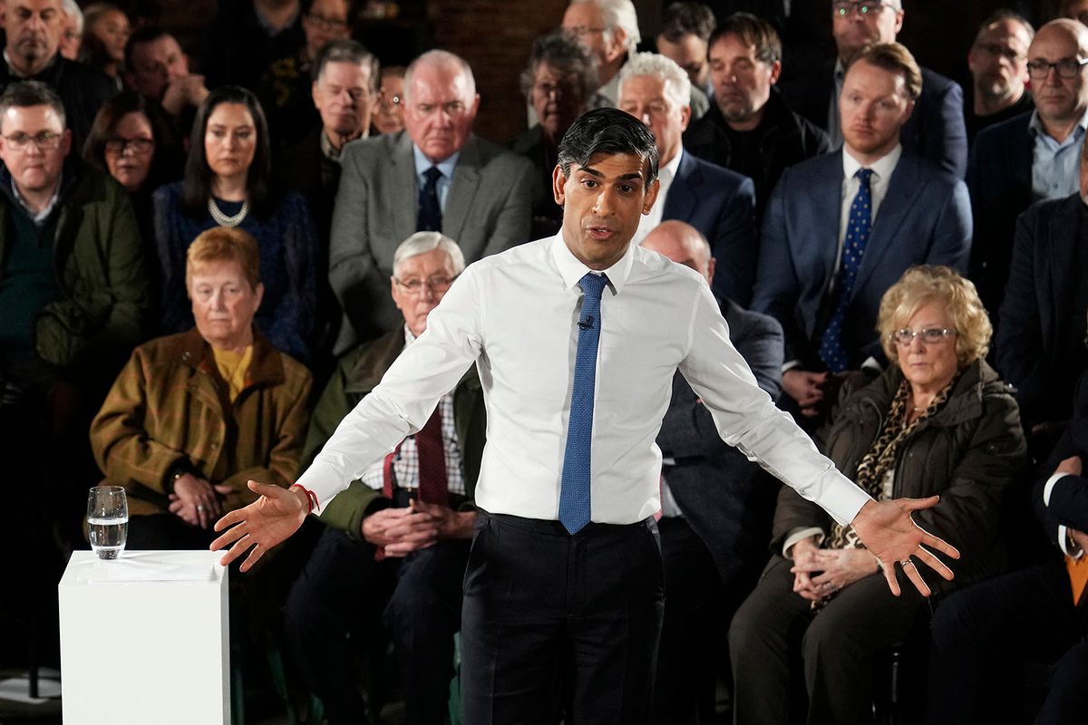 Britain's Prime Minister Rishi Sunak talks to an audience during a 'PM Connect' event in Accrington, north west England on January 8, 2024. (Photo by Christopher Furlong / POOL / AFP)