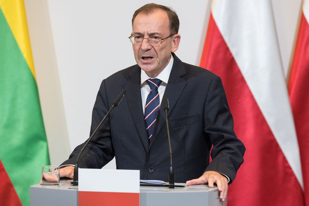 Mariusz Kaminski during press conference after Poland and the Baltic states interior ministers meeting in Warsaw, Poland on August 28, 2023. (Photo by Foto Olimpik/NurPhoto)