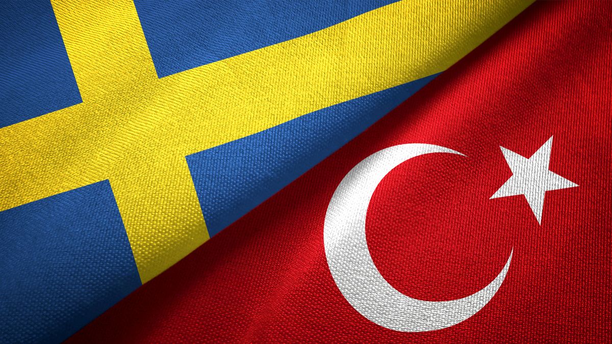 Turkey and Sweden two flags together textile cloth fabric texture