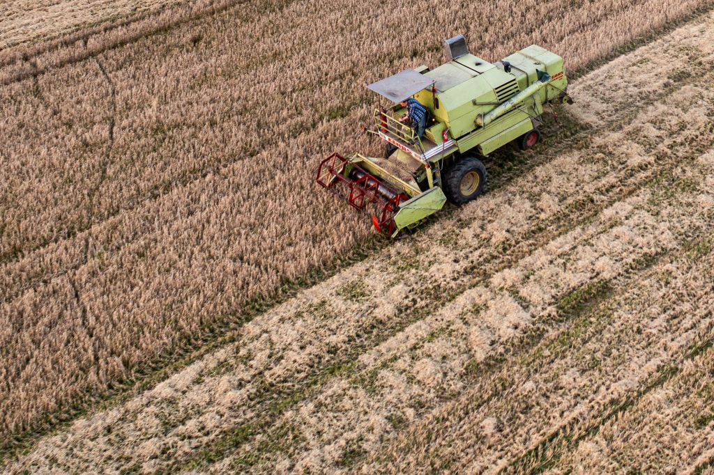 (EDITORS NOTE: Image taken with drone)
A combine harvester