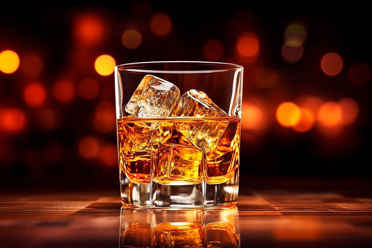 Whiskey,With,Ice,Cubes,In,Glass,On,Background,Of,Lights.