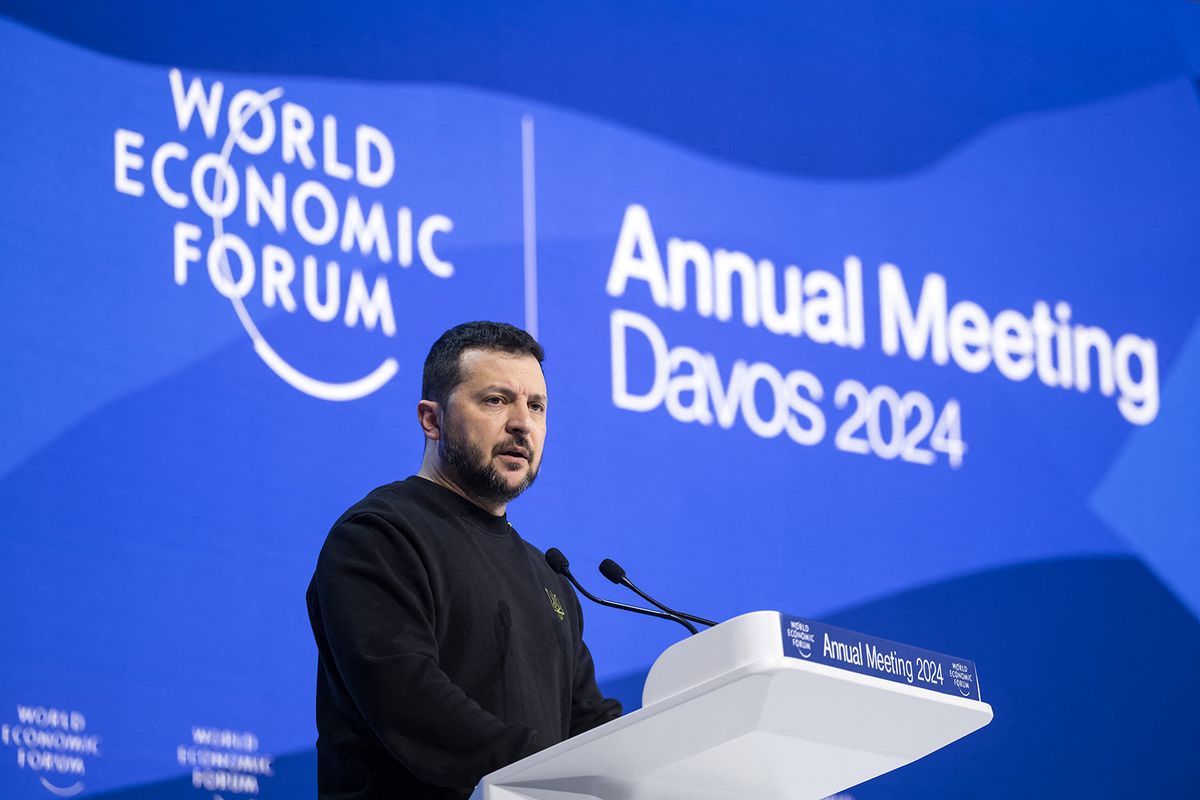 Ukrainian President Volodymyr Zelensky addresses the assembly at the World Economic Forum (WEF) annual meeting in Davos, on January 16, 2024. (Photo by Fabrice COFFRINI / AFP)