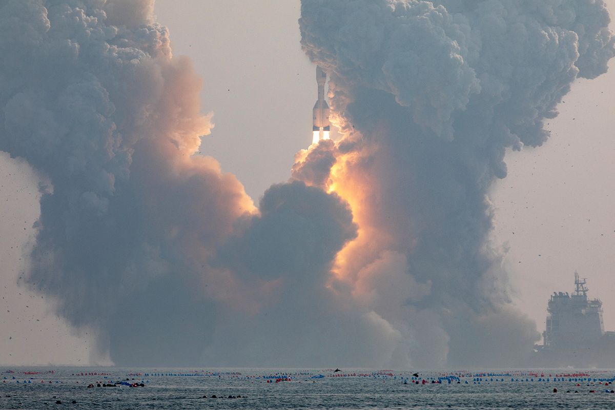 (240111) -- HAIYANG, Jan. 11, 2024 (Xinhua) -- A Gravity-1 (YL-1) commercial carrier rocket carrying three satellites is launched from waters off the coast of Haiyang, east China's Shandong Province, Jan. 11, 2024. China on Thursday sent a sea-launched Gravity-1 (YL-1) carrier rocket into space, sending three satellites into the planned orbit.   The Taiyuan Satellite Launch Center launched the commercial rocket at 1:30 p.m. (Beijing Time).   It was the first flight mission of the YL-1 commercial carrier rocket. (Photo by Wang Keqi/Xinhua) (Photo by Wang Keqi / XINHUA / Xinhua via AFP)