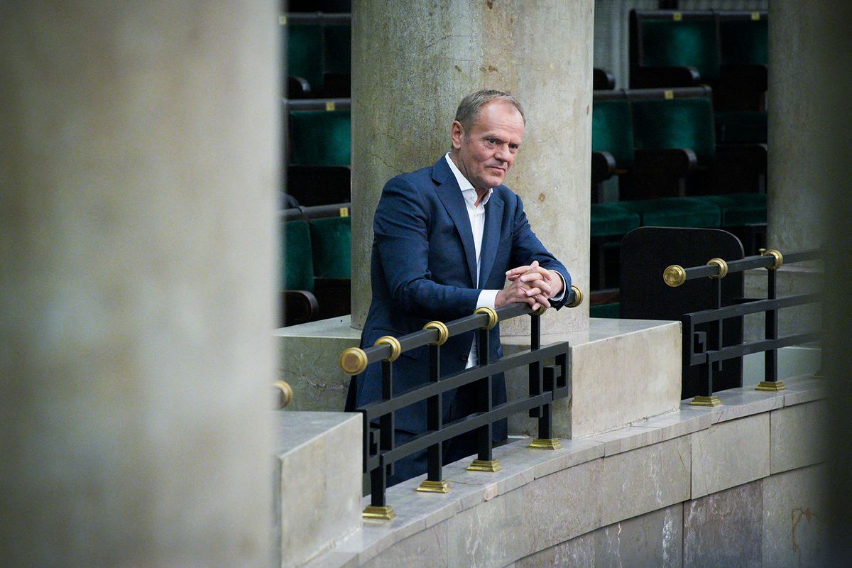 Former PM Donald Tusk is seen at the Sejm, the Polish parliament on 26 May, 2023. The ruling Law and Justice (PiS) party has voted through legislation to form a commission that will have to power to investigate alleged Russian influence in previous administrations and punish those deemed to have acted in Russia’s interests, including by banning them from office. The bill will first pass President Andrzej Duda for approval and has been criticised by opposition parties and experts, who argue that its real purpose is to help the ruling party win this year’s elections or, if they lose, to hinder the work of a new government afterwards. (Photo by Jaap Arriens/NurPhoto) (Photo by Jaap Arriens / NurPhoto / NurPhoto via AFP)