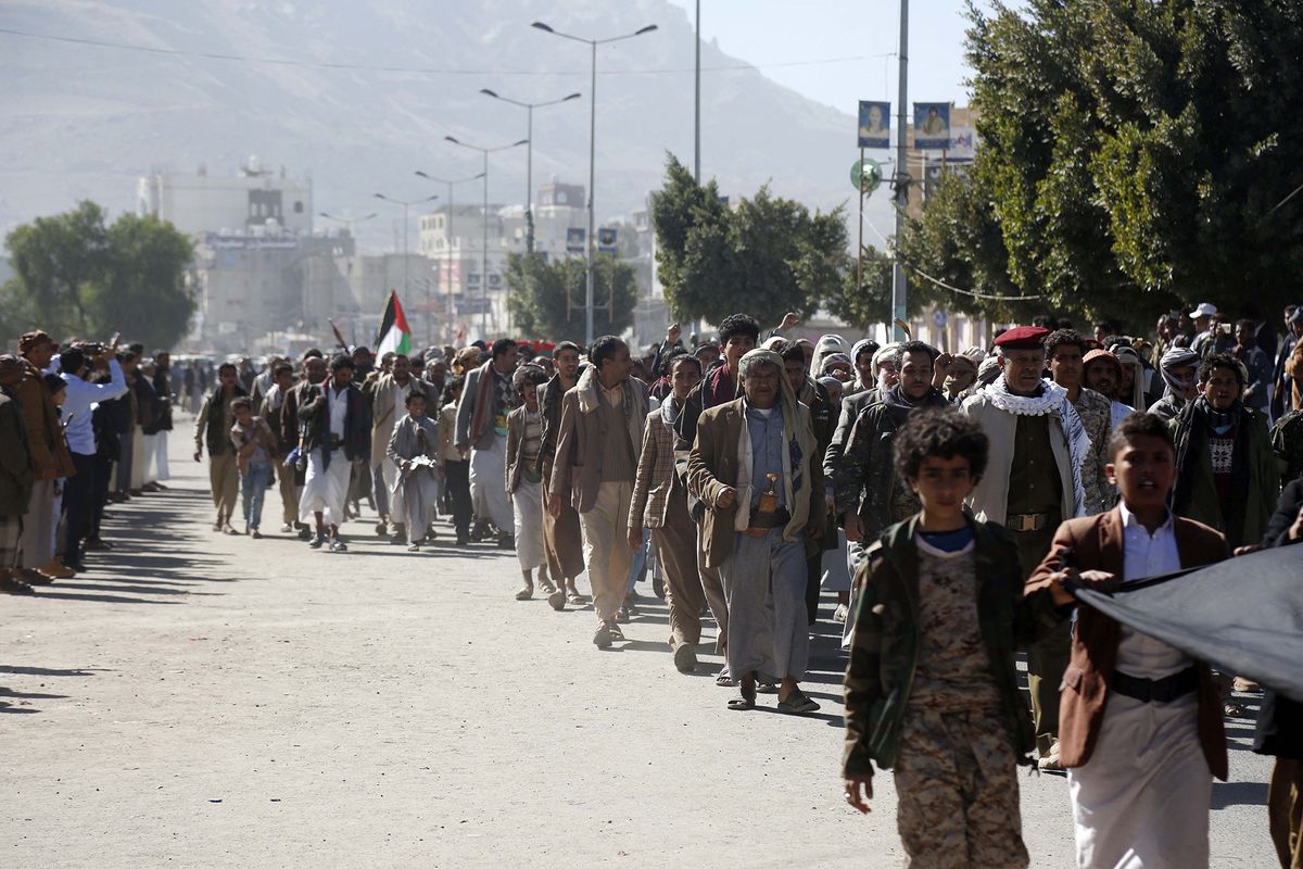 Yemen's Houthis slam UN resolution as 'political game'SANAA, YEMEN - JANUARY 11: People gather to stage a protest against United Nations (UN) Security Council resolution demands that Houthis immediately cease all attacks on ships in Red Sea in Sanaa, Yemen on January 11, 2024. Yemen’s Houthi group on Thursday denigrated a UN Security Council resolution demanding the group to halt Red Sea attacks as a ”śpolitical game.”? Mohammed Hamoud / Anadolu (Photo by Mohammed Hamoud / ANADOLU / Anadolu via AFP)