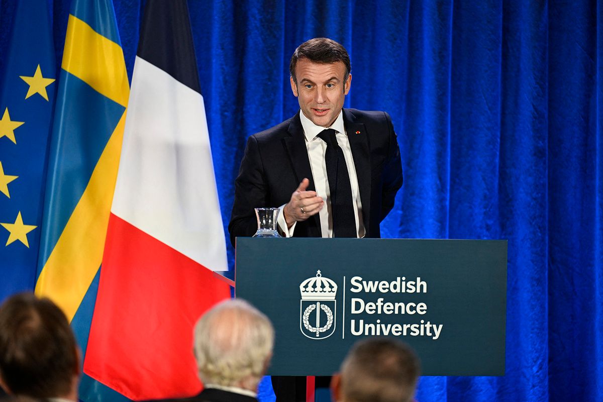 STOCKHOLM , SWEDEN 20240130French President Emmanuel Macron gives a speech on security policy at Karlberg Castle in Stockholm, Sweden, on Jan. 30, 2024. President Emmanuel Macron and his wife Brigitte are in Sweden on a two-day state visit.Photo: Pontus Lundahl / TT / Code 10050 (Photo by PONTUS LUNDAHL / TT NEWS AGENCY / TT News Agency via AFP)