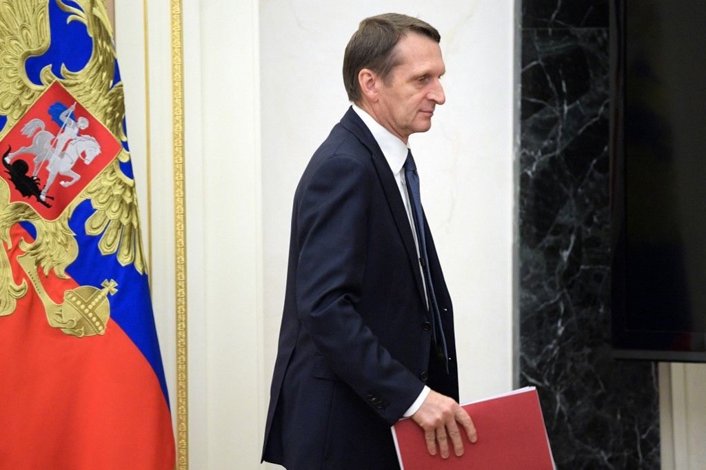 Foreign Intelligence Service Director Sergey Naryshkin attends a Security Council meeting in Moscow on October 26, 2019. (Photo by Alexei Druzhinin / Sputnik / AFP)