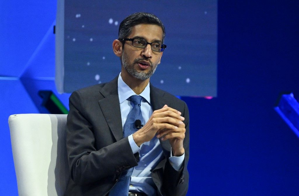 Sundar Pichai, CEO of Google and Alphabet, speaks during the “Innovation That Empowers” conversation at the Asia-Pacific Economic Cooperation (APEC) Leaders' Week in San Francisco, California, on November 16, 2023. The APEC Summit takes place through November 17. (Photo by ANDREW CABALLERO-REYNOLDS / AFP)
