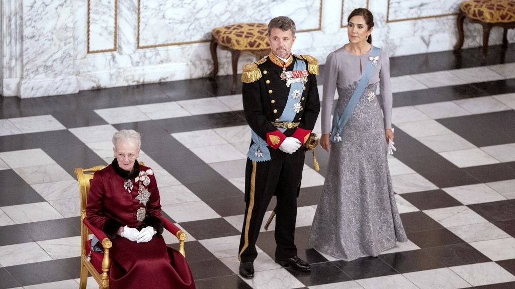 This photograph taken on January 3, 2023 shows Denmark's Queen Margrethe II (L) as she attends a New Year's cure for diplomacy event with her son Crown Prince Frederik (C) and his wife, Crown Princess Mary (R), at the Christiansborg Palace in Copenhagen. Denmark's Queen Margrethe II, Europe's longest-serving monarch, said on December 31, 2023 that she would abdicate on January 14, 2024 and pass the baton to her son Crown Prince Frederik. (Photo by Liselotte Sabroe / Ritzau Scanpix / AFP) / Denmark OUT