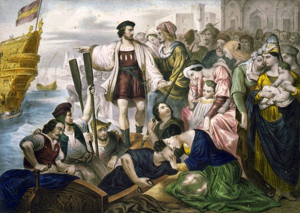 Christopher Columbus about to embark for the New WorldChristopher Columbus about to embark for the New World from Palos, Spain, 8 August 1492
Women and children  sad at departure of loved ones
Lithograph
NA (Photo by Ann Ronan Picture Library / Photo12 via AFP)