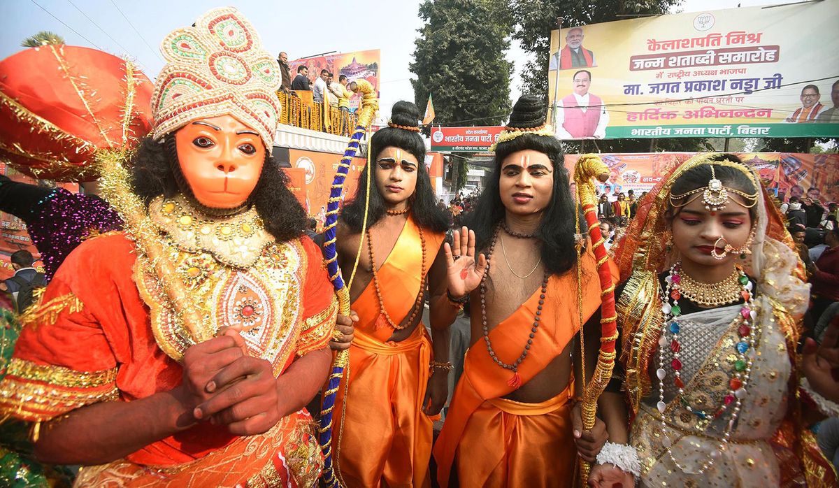 PATNA, INDIA  JANUARY 2: Children dress up as Hindu dieties take part in the 'Luv-Kush Rath Yatra' from Patna to Ayodhya ahead of the consecration ceremony at the Shri Ram Janambhoomi temple, outside of BJP office on January 2, 2024 in Patna, India. (Photo by Santosh Kumar/Hindustan Times via Getty Images)