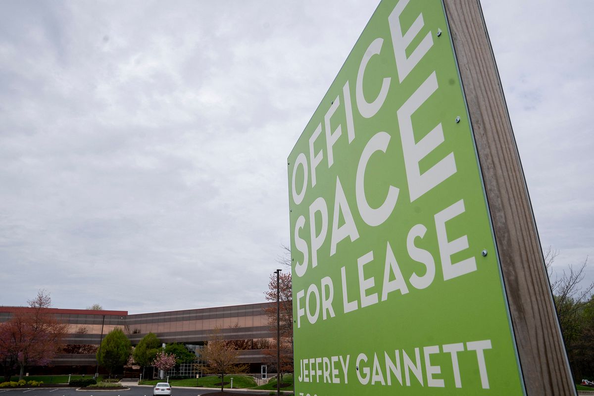 A sign advertising office space for lease is displayed in Wilmington, Delaware, on April 23, 2022. (Photo by Stefani Reynolds / AFP)