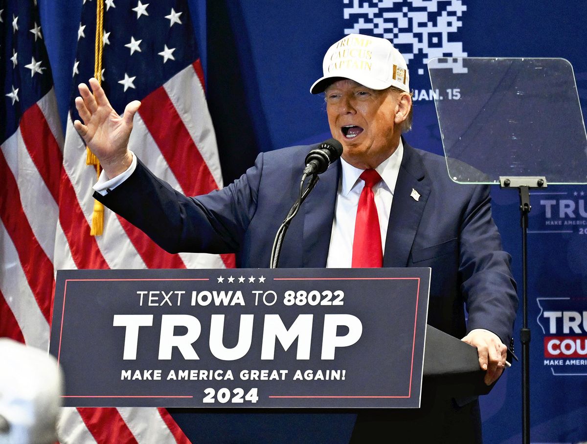 Republican presidential candidate former President Donald Trump speaks during a rally in Indianola, Iowa, on Jan. 14, 2024. ( The Yomiuri Shimbun ) (Photo by Takayuki Fuchigami / Yomiuri / The Yomiuri Shimbun via AFP)