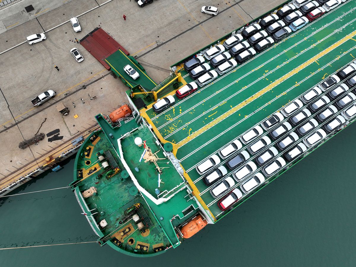 Vehicles Export in Lianyungang
A roll-on wheel is being loaded with cars for export at the port of Lianyungang in Jiangsu Province, East China, on December 18, 2023. (Photo by Costfoto/NurPhoto) (Photo by CFOTO / NurPhoto / NurPhoto via AFP)