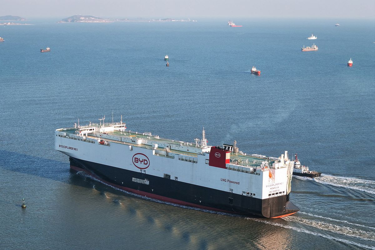 The photo taken on January 10, 2024 shows the "BYD Explorer NO.1", a domestically manufactured vessel intended to export Chinese automobiles, departing from Yantai port, in eastern China's Shandong province. (Photo by AFP) / China OUT