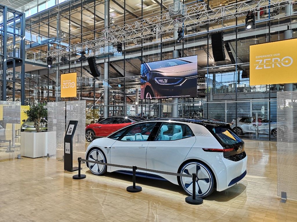 A prototype of the ID.3 car model is seen inside the 'Transparent Factory' (Glaeserne Manufaktur) production site building of German carmaker Volkswagen in Dresden, eastern Germany, on September 21, 2023. Volkswagen's "glass factory", which produces electric vehicles in its vast transparent workshops in Dresden, sees its future threatened, illustrating the tumultuous changes underway at the German manufacturer. (Photo by Sebastien ASH / AFP)