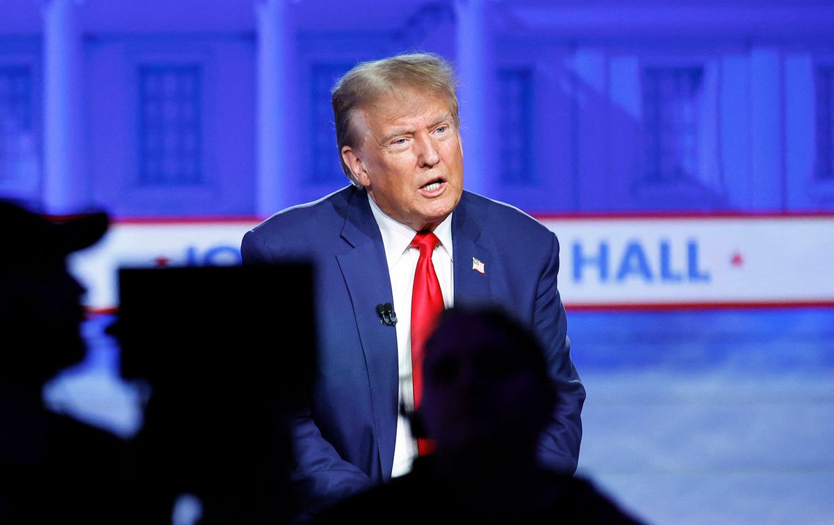 Former US President and 2024 Republican presidential hopeful Donald Trump speaks during a town hall in Des Moines, Iowa, on January 10, 2024. (Photo by Kamil KRZACZYNSKI / AFP)