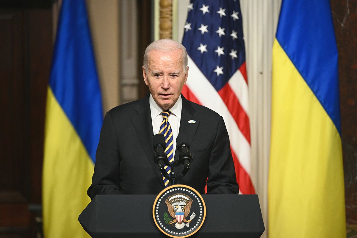 US President Joe Biden speaks during a joint press conference with Ukraine’s President Volodymyr Zelensky in a in the Indian Treaty Room of the Eisenhower Executive Office Building, next to the White House, in Washington, DC, on December 12, 2023. (Photo by Mandel NGAN / AFP)
Joe Biden, Ukrajna, orosz-ukrán háború