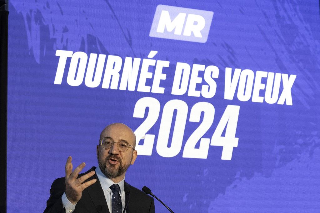 European Council President Charles Michel delivers a speech at the national New Year congress of French-speaking liberal party MR (Mouvement Reformateur), Sunday 07 January 2024, in Louvain-la-Neuve. BELGA PHOTO NICOLAS MAETERLINCK (Photo by NICOLAS MAETERLINCK / BELGA MAG / Belga via AFP)