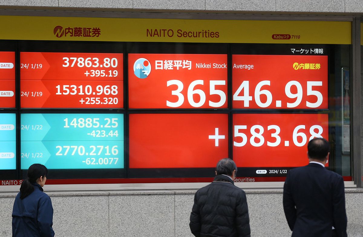 An electric stock board shows the Nikkei 225 index exceeding 36,500 yen on the street in Chuo Ward, Tokyo on Jan. 22, 2024. Tokyo stock market hit the highest level in 34 years. ( The Yomiuri Shimbun ) (Photo by Eri Konno / Yomiuri / The Yomiuri Shimbun via AFP)
