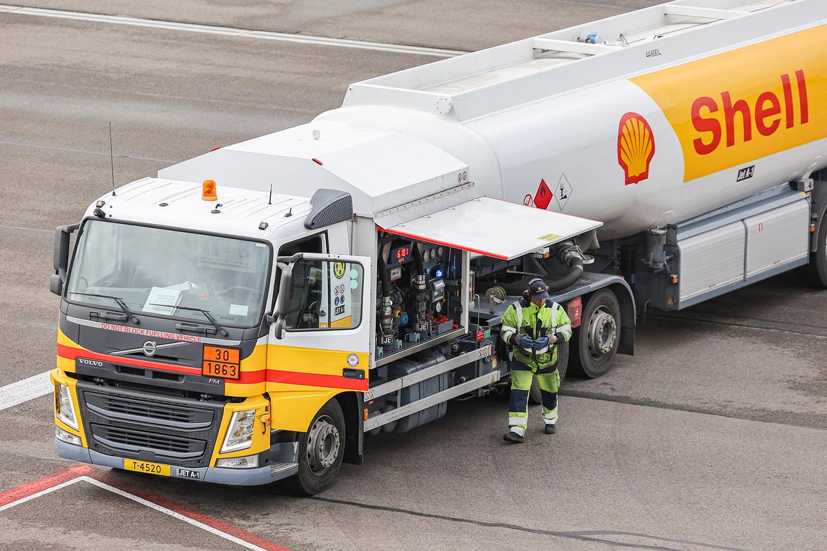 Shell Tanker Truck As Shell Reports Record High Profits
Shell tanker truck with Jet-A1 aviation fuel for aircraft at Eindhoven Airport in the Netherlands, on February 1, 2023. Shell logo visible on the truck. Shell plc is a British multinational oil and gas company headquartered in London, England, formerly as Royal Dutch Shell plc. The oil and gas giant has reported surged record net profits of nearly $42.3 billion last year, the highest in its 115-year history Shell. The energy giant announced Thursday, as the invasion of Russia to Ukraine sent oil and gas prices soaring. (Photo by Nicolas Economou/NurPhoto) (Photo by Nicolas Economou / NurPhoto / NurPhoto via AFP)